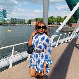 Blue & White Lace Backless Tassel Romper